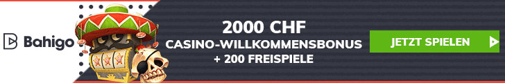 Banner mit Bahigo Logo und 2000 CHF Casino Willkommensbonus plus 200 Freispiele